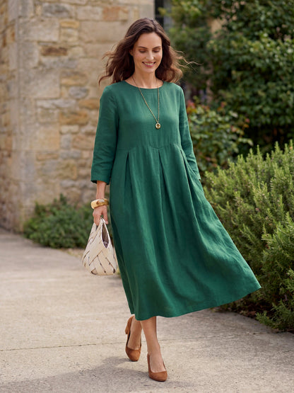 100% Linen Bateau Neck Pleated Midi Dress – Abigail
