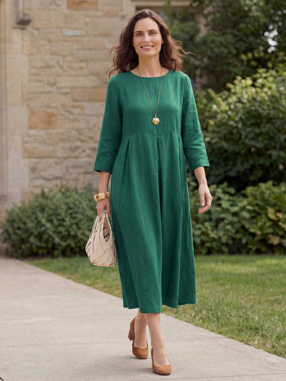 100% Linen Bateau Neck Pleated Midi Dress – Abigail