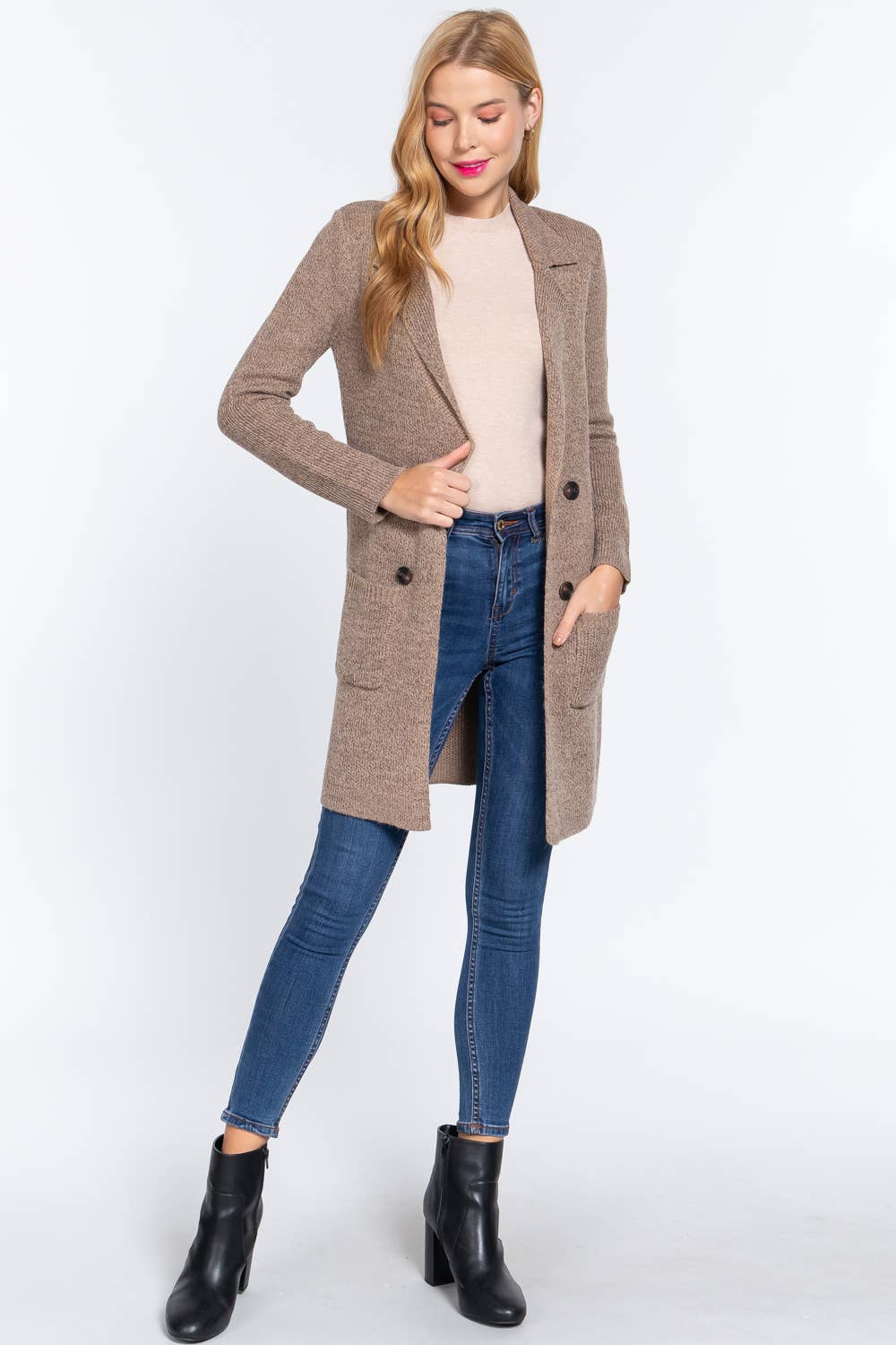 Long Sleeve Notched Collar Sweater Jacket