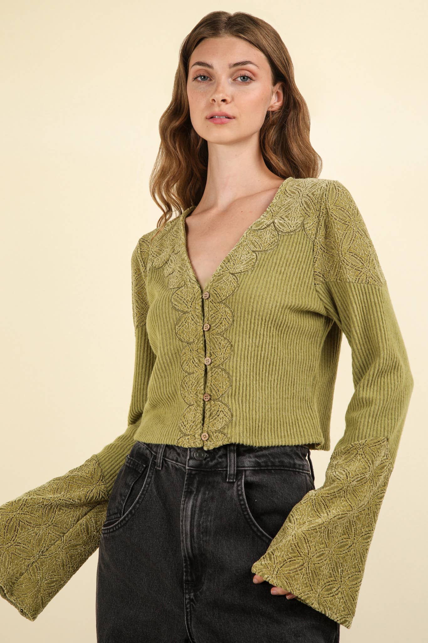 V-Neck Contrast Lace Detail Button Down Knit Top