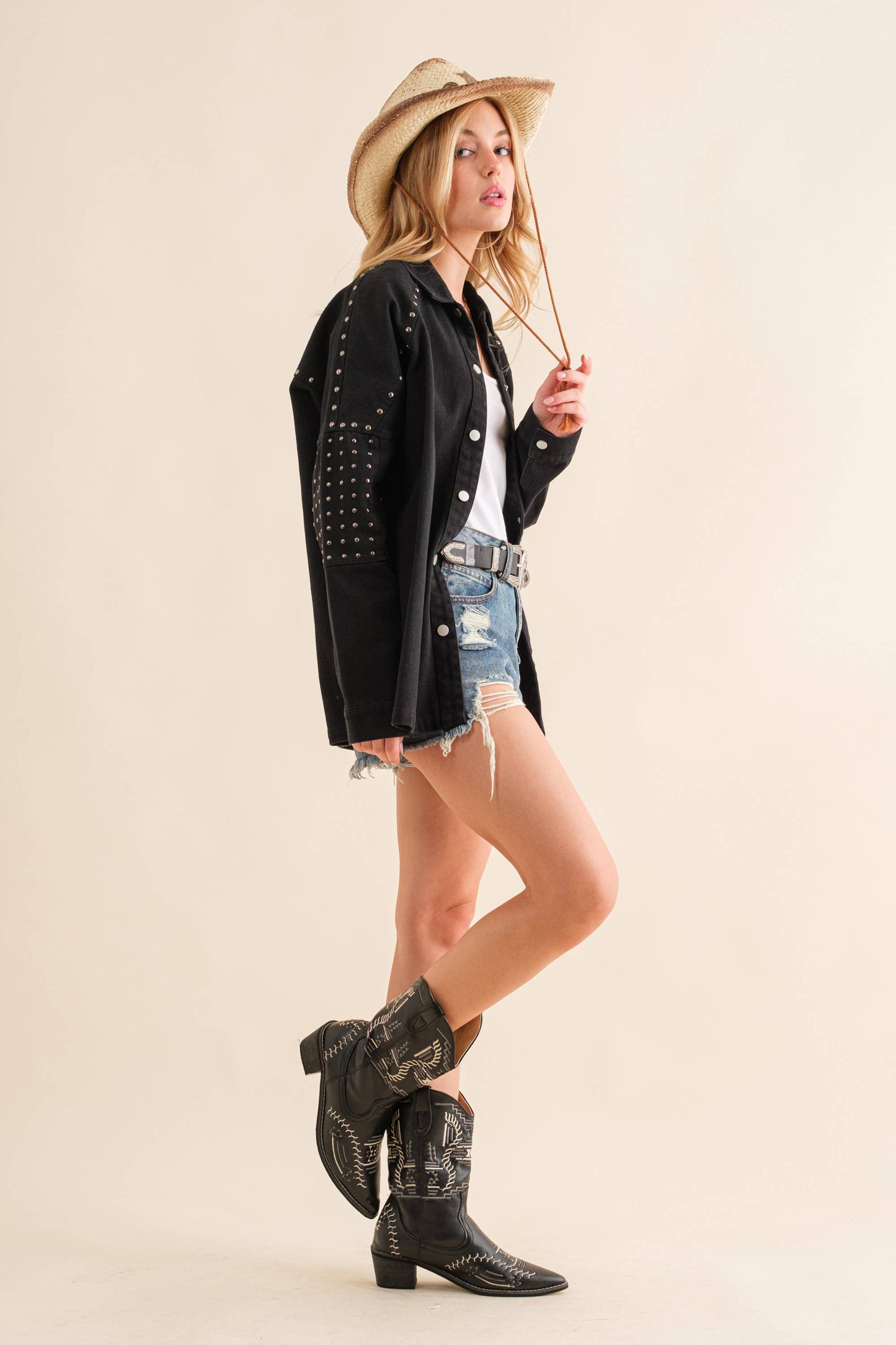 22641J  - Studded Elbow Chevron Back Oversized Twill Jacket