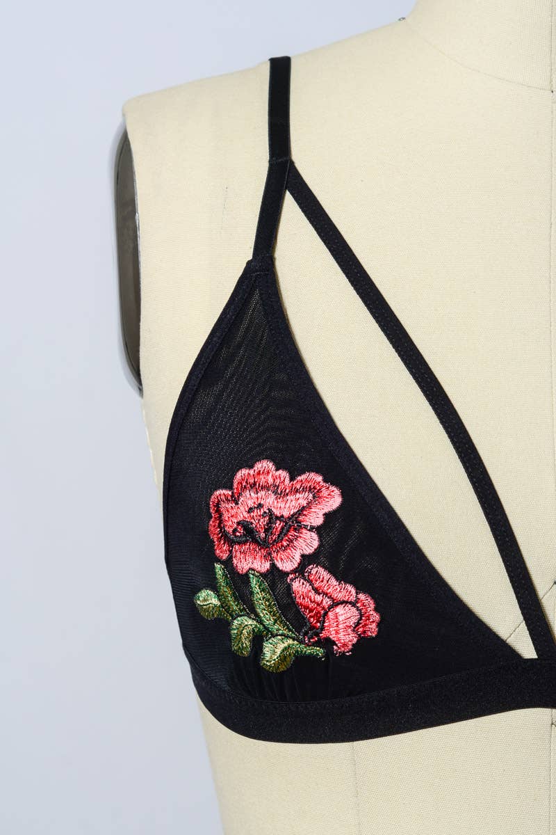 Rose Embroidery Patch Strap Bralette