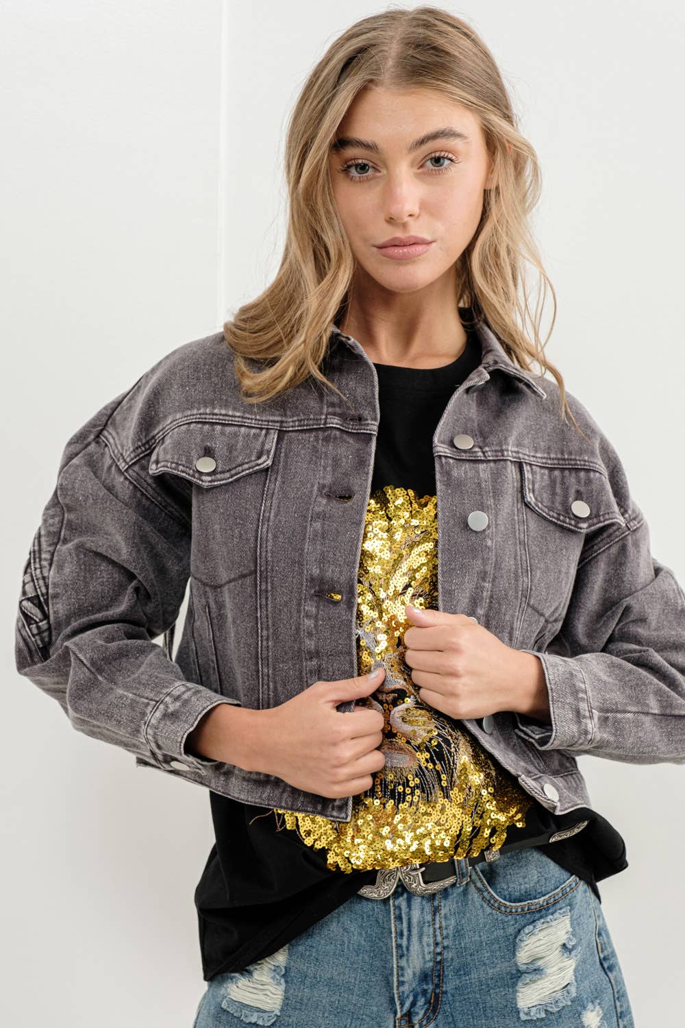 22393J - Braided Back Twill Denim Jacket