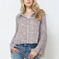 22079T - Chiffon Clip Dot Jacquard Button Bell Sleeve Blouse